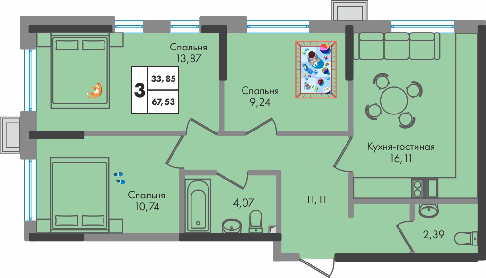 3-комнатная квартира 